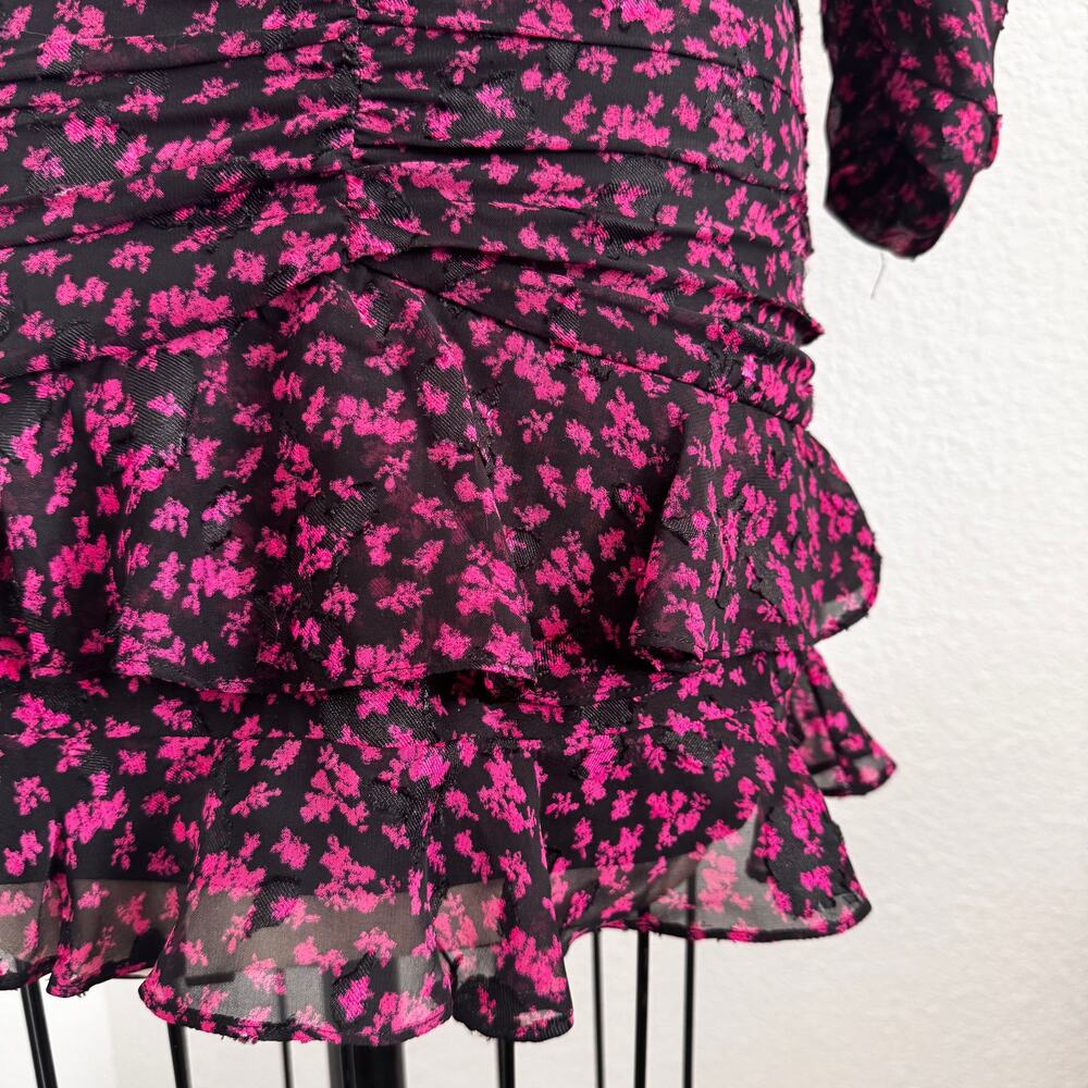 ASTR The Label Claremore Ruched Mini Dress Black Magenta Floral Long Sleeve - Picture 7 of 9